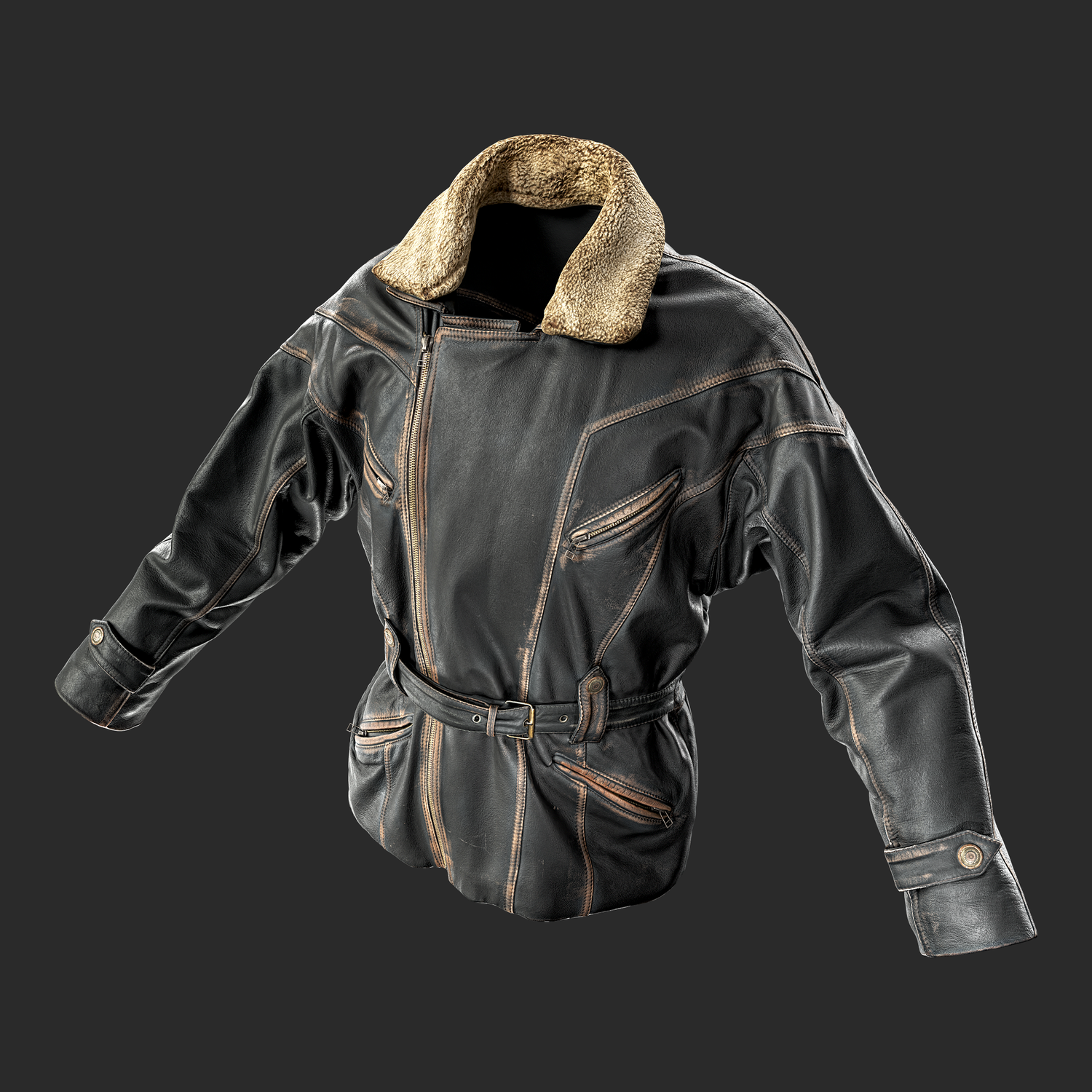 3D Leather Jacket with Shearling collar