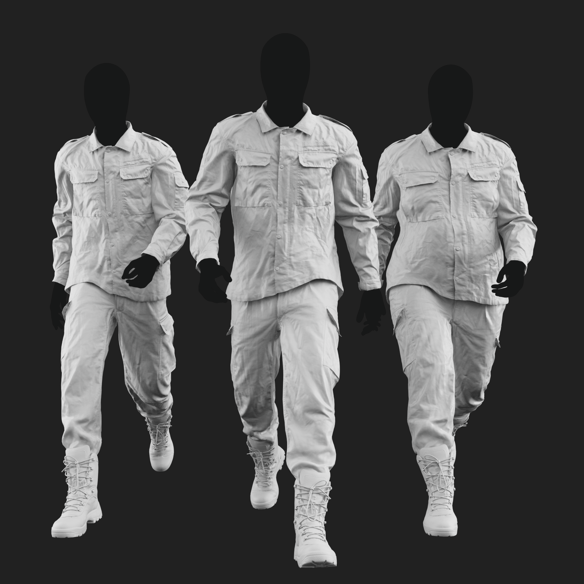 Ambient Occlusion map rendering of a 3D model of an animated walking male character dressed in: Germany Bundeswehr Uniform - front view