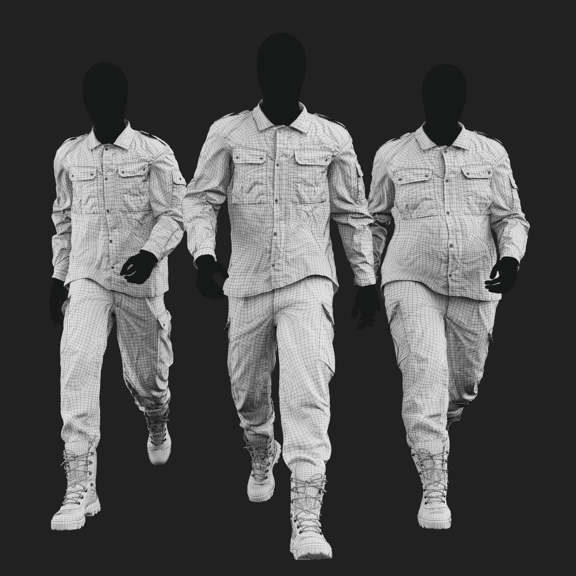 Wireframe rendering of a 3D model of an animated walking male character dressed in: Germany Bundeswehr Uniform - front view