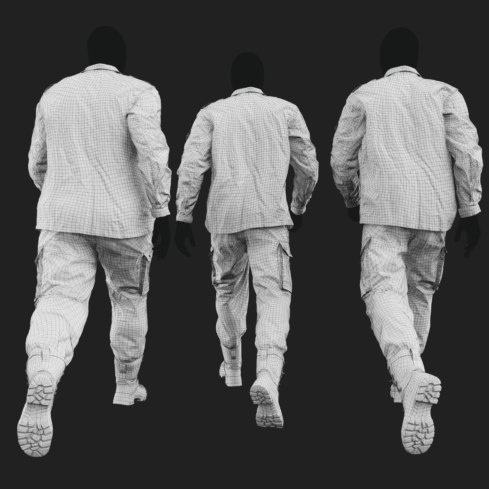 Wireframe rendering of a 3D model of an animated walking male character dressed in: Germany Bundeswehr Uniform - back view