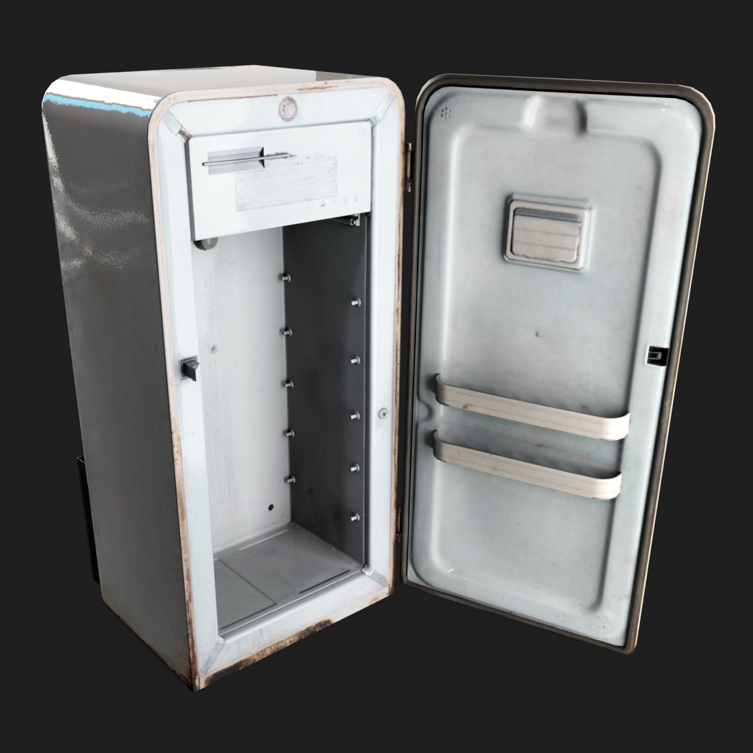 3D old-style refrigerator with an open door, showing a realistic metallic interior and exterior