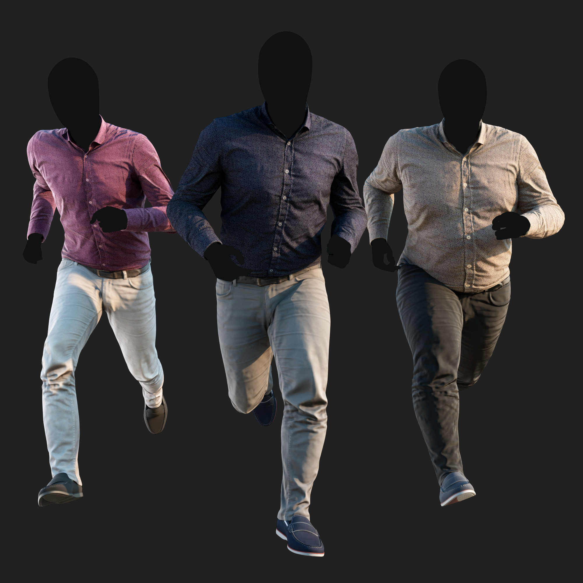 Realistic rendering of a 3D model of an animated runing male character dressed in a Camouflage Jacket and Jeans - front view