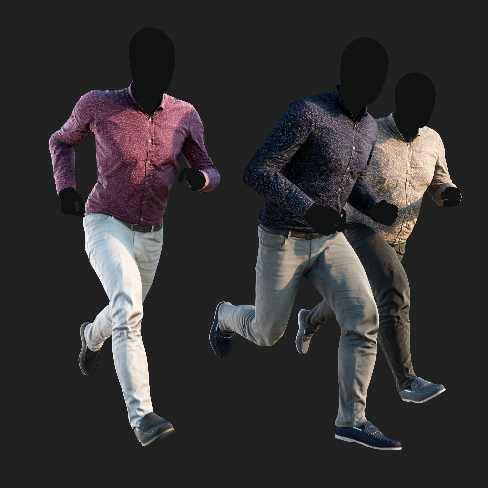 Realistic rendering of a 3D model of an animated runing male character dressed in a Camouflage Jacket and Jeans - side view
