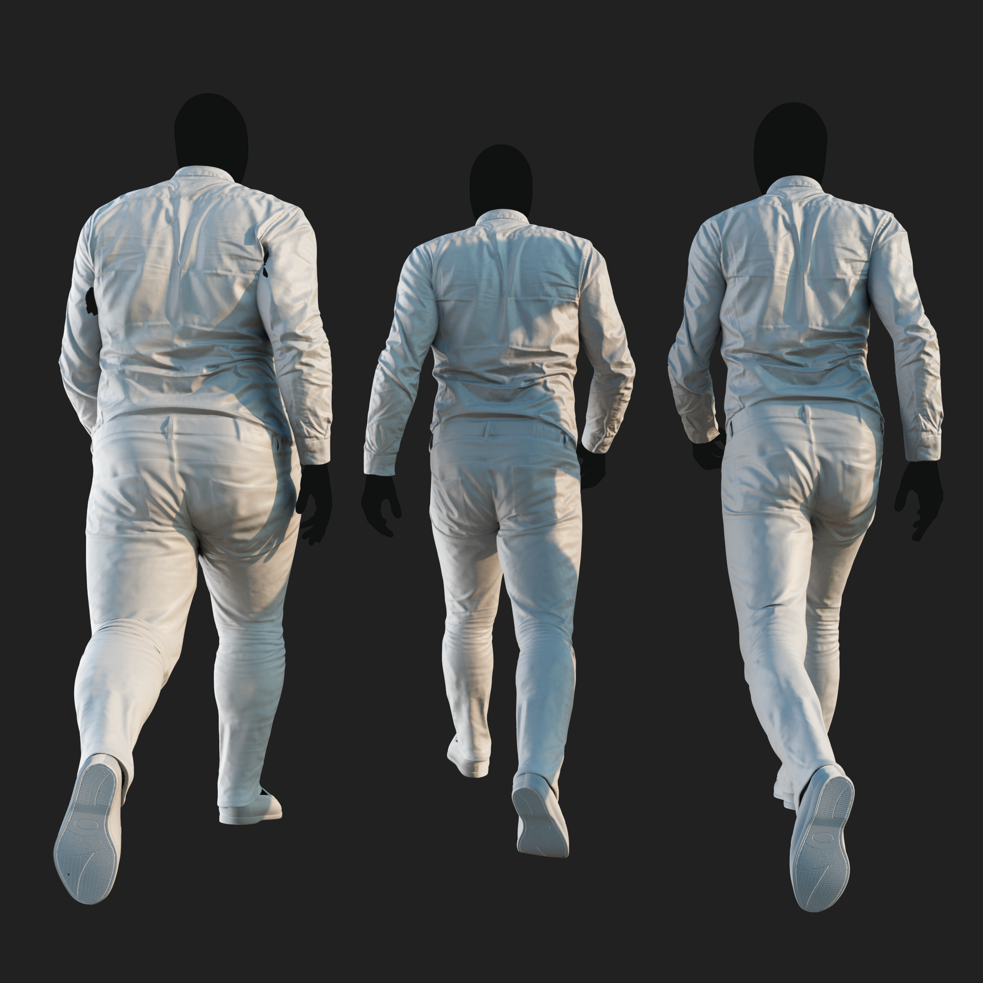 Ambient Occlusion map rendering of a 3D model of an animated walking male character dressed in a Camouflage Jacket and Jeans - back view