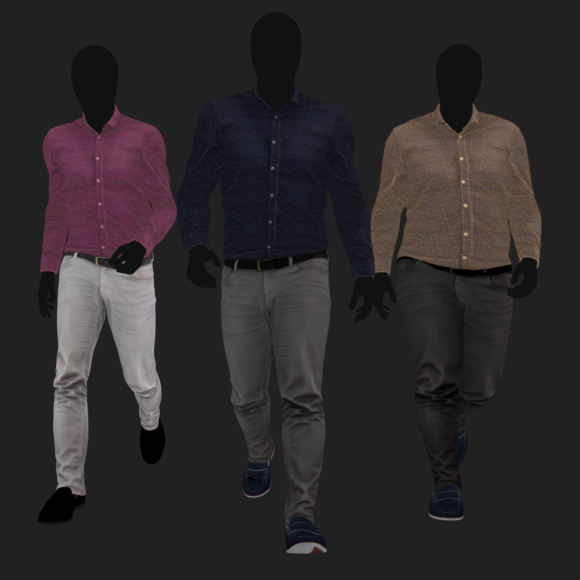 Albedo (Diffuse) map rendering of a 3D model of an animated walking male character dressed in a Camouflage Jacket and Jeans - front view