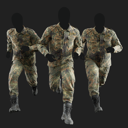 Realistic rendering of a 3D model of an animated runing male character dressed in: Sport Jacket, Combat Trousers, Shoes - front view