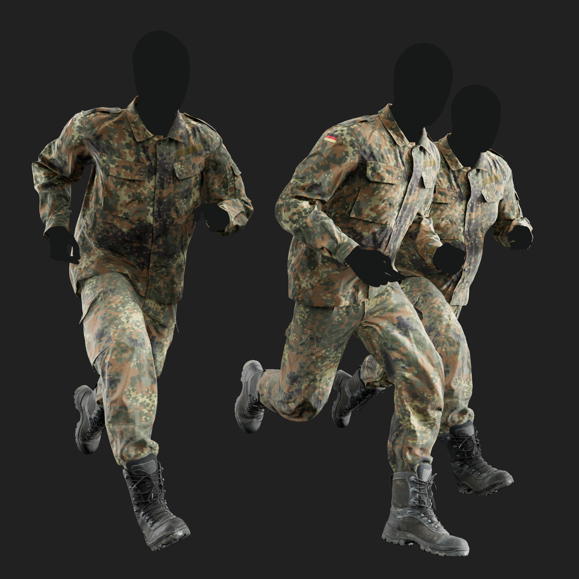 Realistic rendering of a 3D model of an animated runing male character dressed in: Germany Bundeswehr Uniform - side view