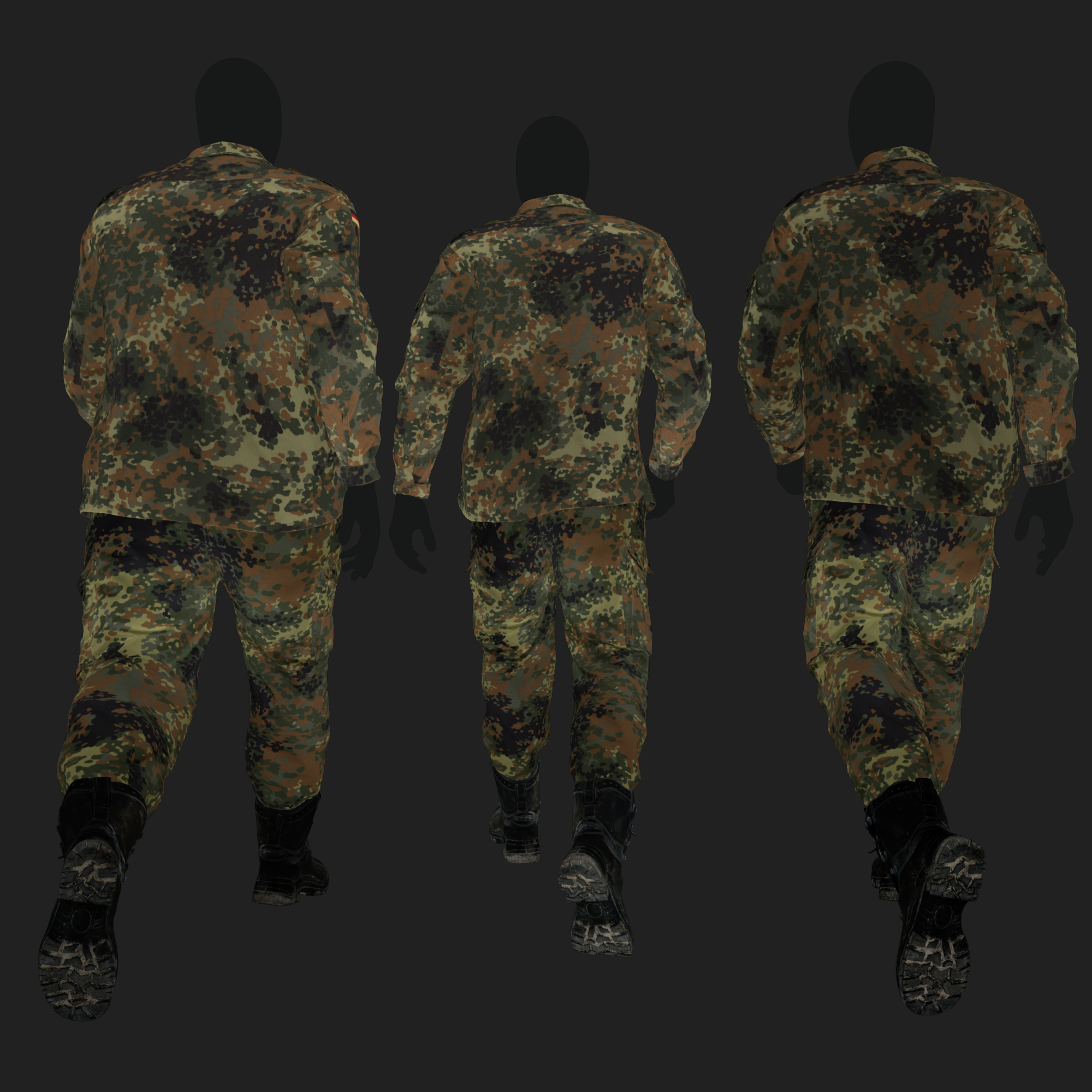 Albedo (Diffuse) map rendering of a 3D model of an animated walking male character dressed in: Germany Bundeswehr Uniform - back view