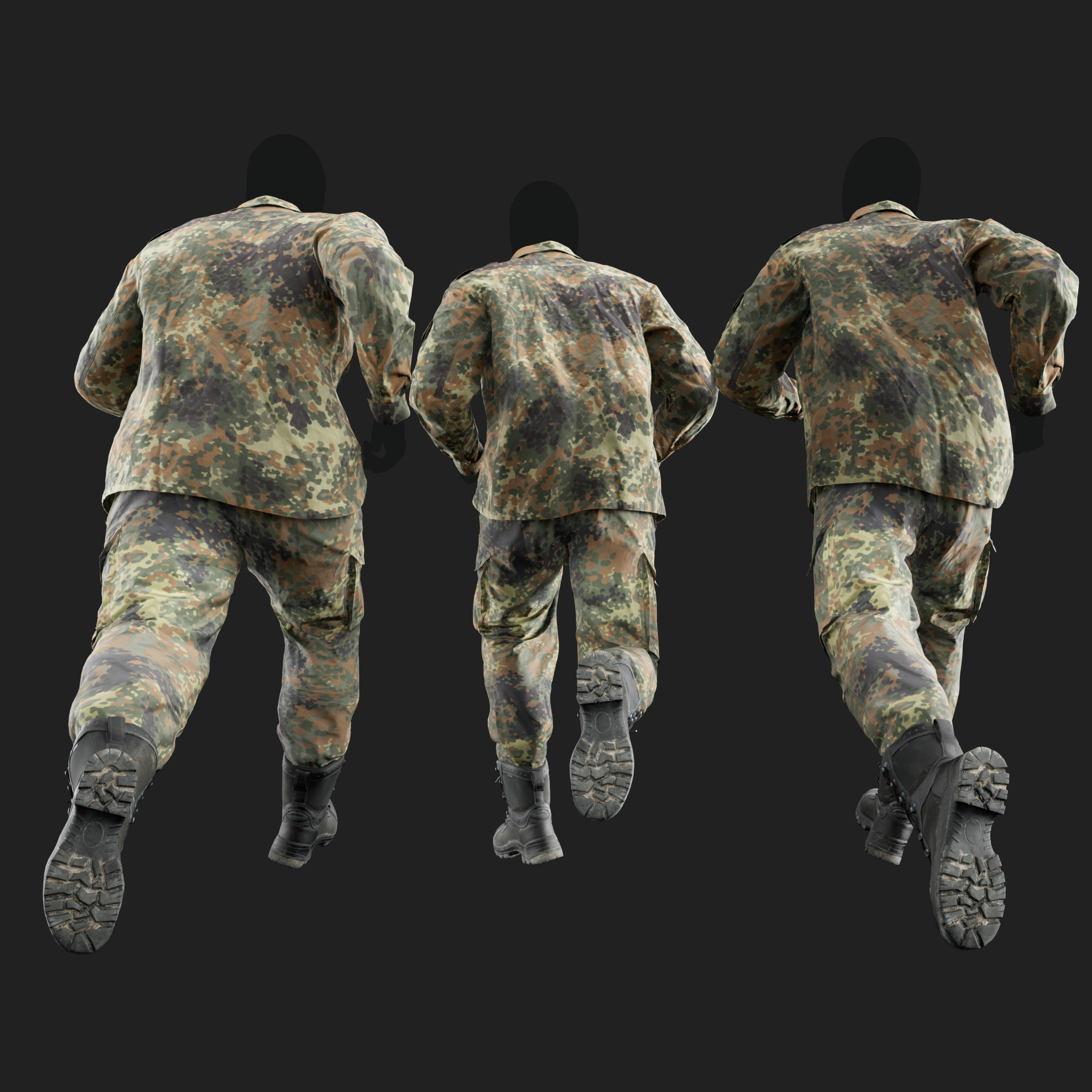 Realistic rendering of a 3D model of an animated runing male character dressed in: Sport Jacket, Combat Trousers, Shoes - back view