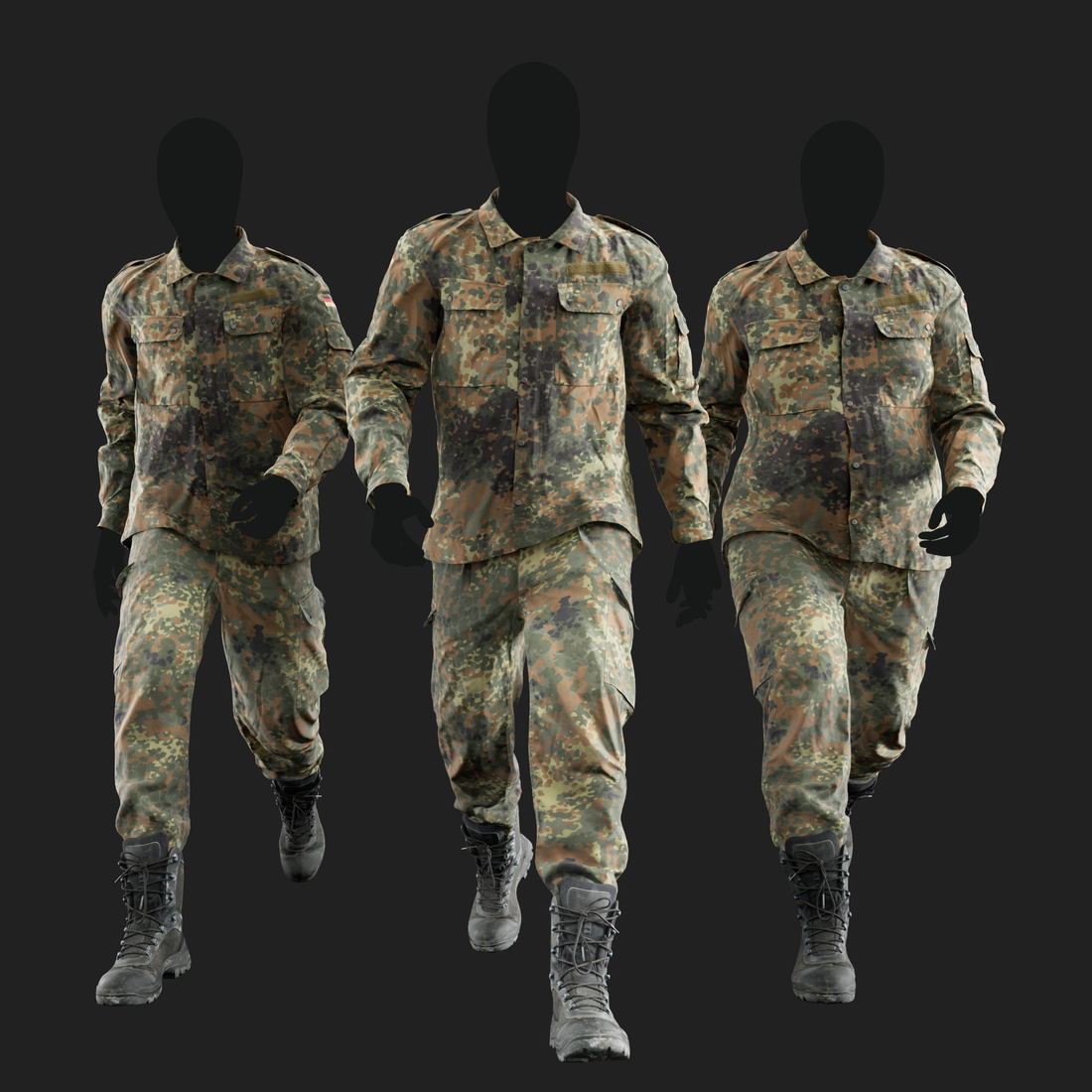 Realistic rendering of a 3D model of an animated walking male character dressed in: Germany Bundeswehr Uniform - front view