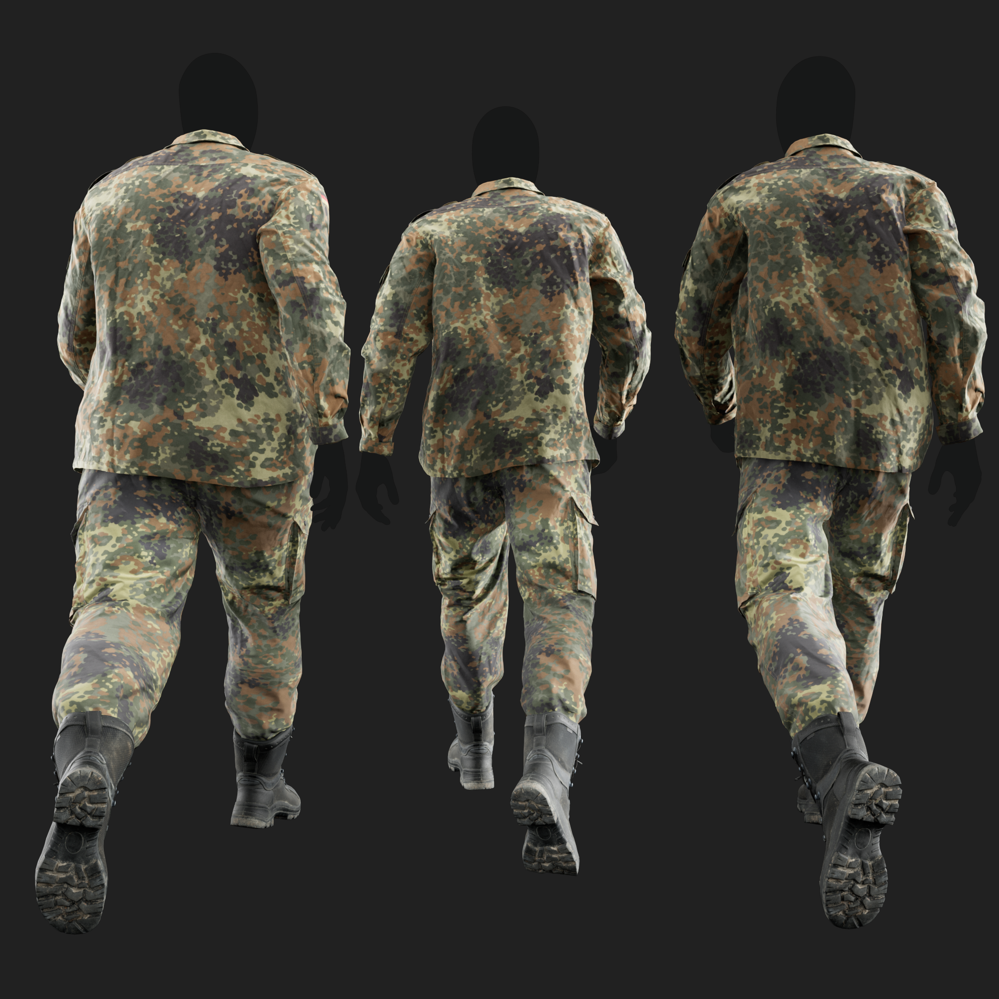 Realistic rendering of a 3D model of an animated walking male character dressed in: Germany Bundeswehr Uniform - back view