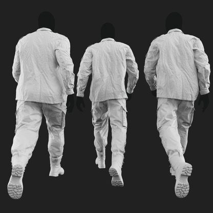 Ambient Occlusion map rendering of a 3D model of an animated walking male character dressed in: Germany Bundeswehr Uniform - back view