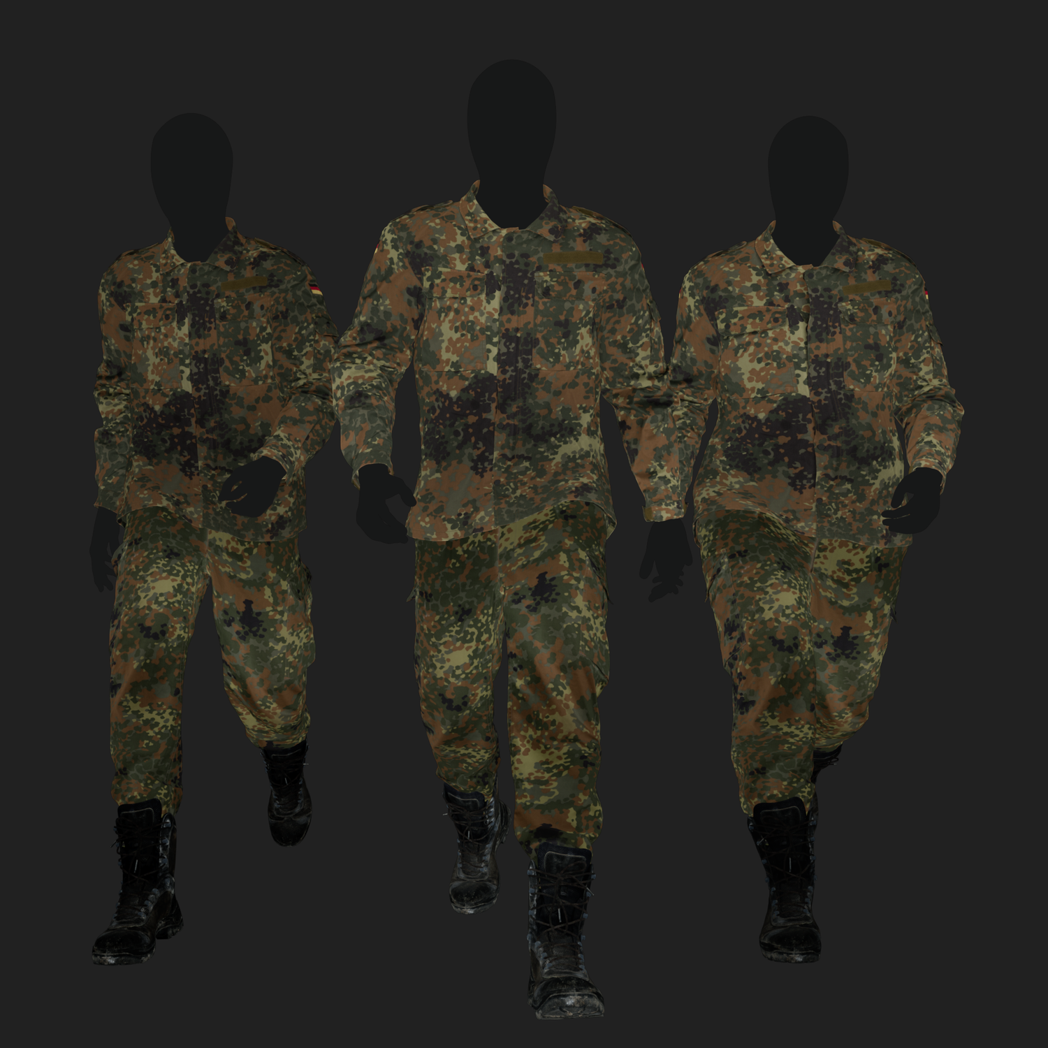 Albedo (Diffuse) map rendering of a 3D model of an animated walking male character dressed in: Germany Bundeswehr Uniform - front view