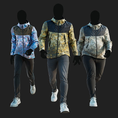 Realistic rendering of a 3D model of an animated walking male character dressed in a Camouflage Jacket and Jeans - front view