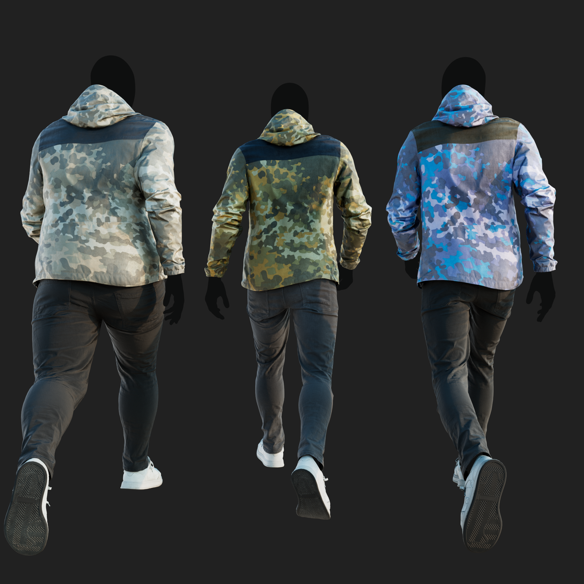 Realistic rendering of a 3D model of an animated walking male character dressed in a Camouflage Jacket and Jeans - back view
