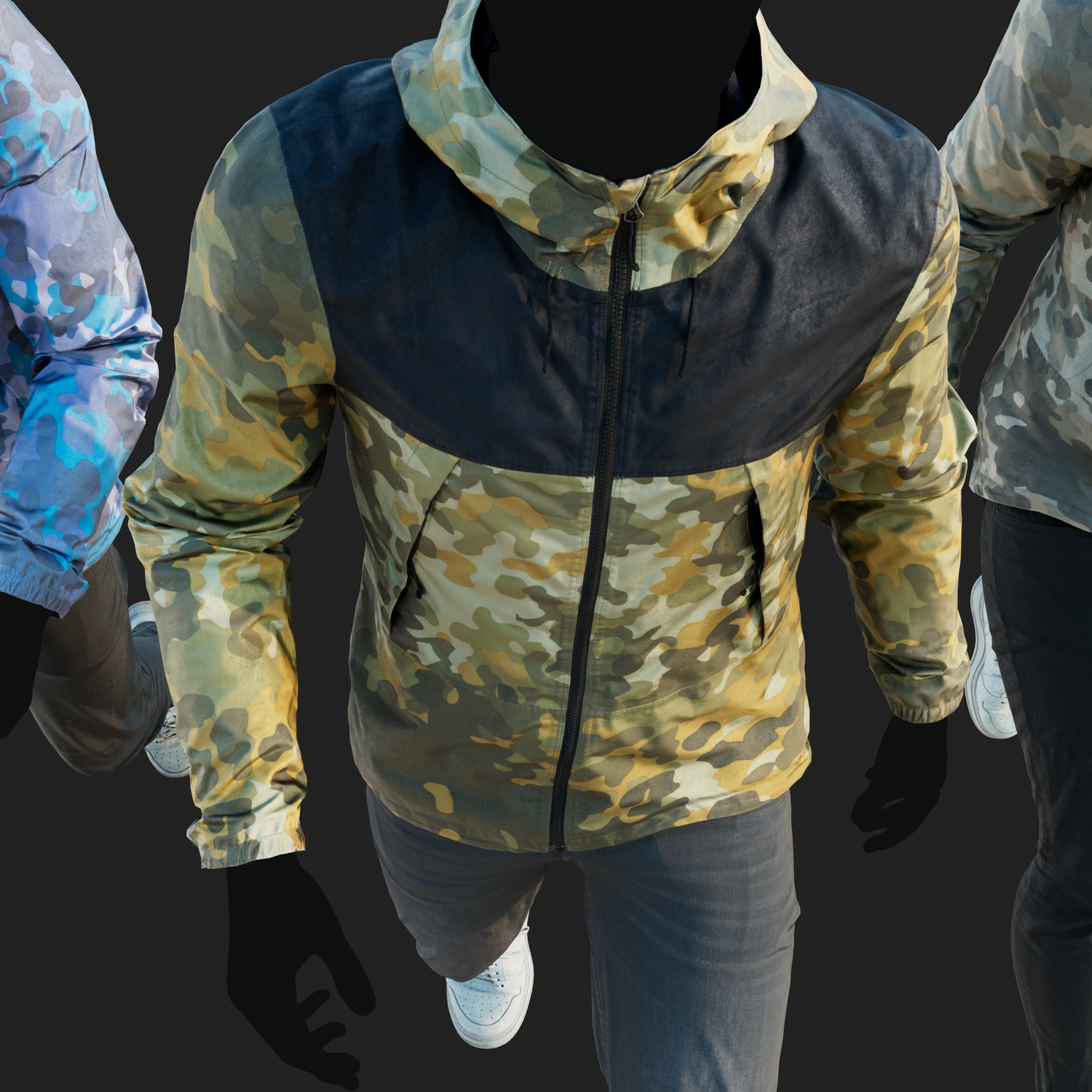 Realistic rendering of a 3D model of an animated walking male character dressed in a Camouflage Jacket and Jeans - top view
