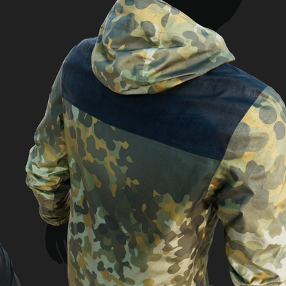 Realistic rendering of a 3D model of an animated walking male character dressed in a Camouflage Jacket - back detail view