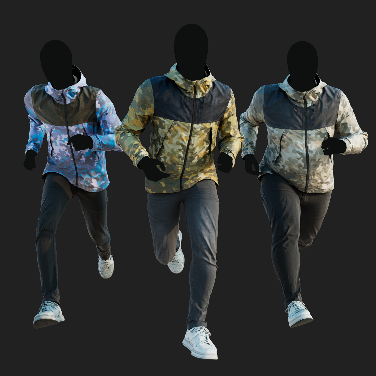 Realistic rendering of a 3D model of an animated runing male character dressed in a Camouflage Jacket and Jeans - front view