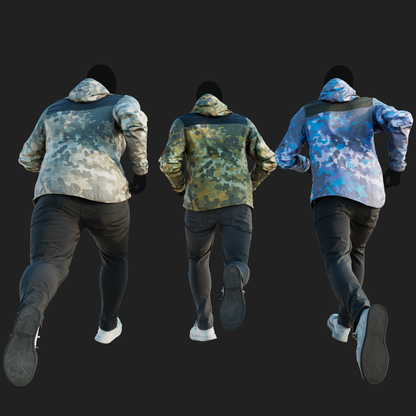 Realistic rendering of a 3D model of an animated runing male character dressed in a Camouflage Jacket and Jeans - back view