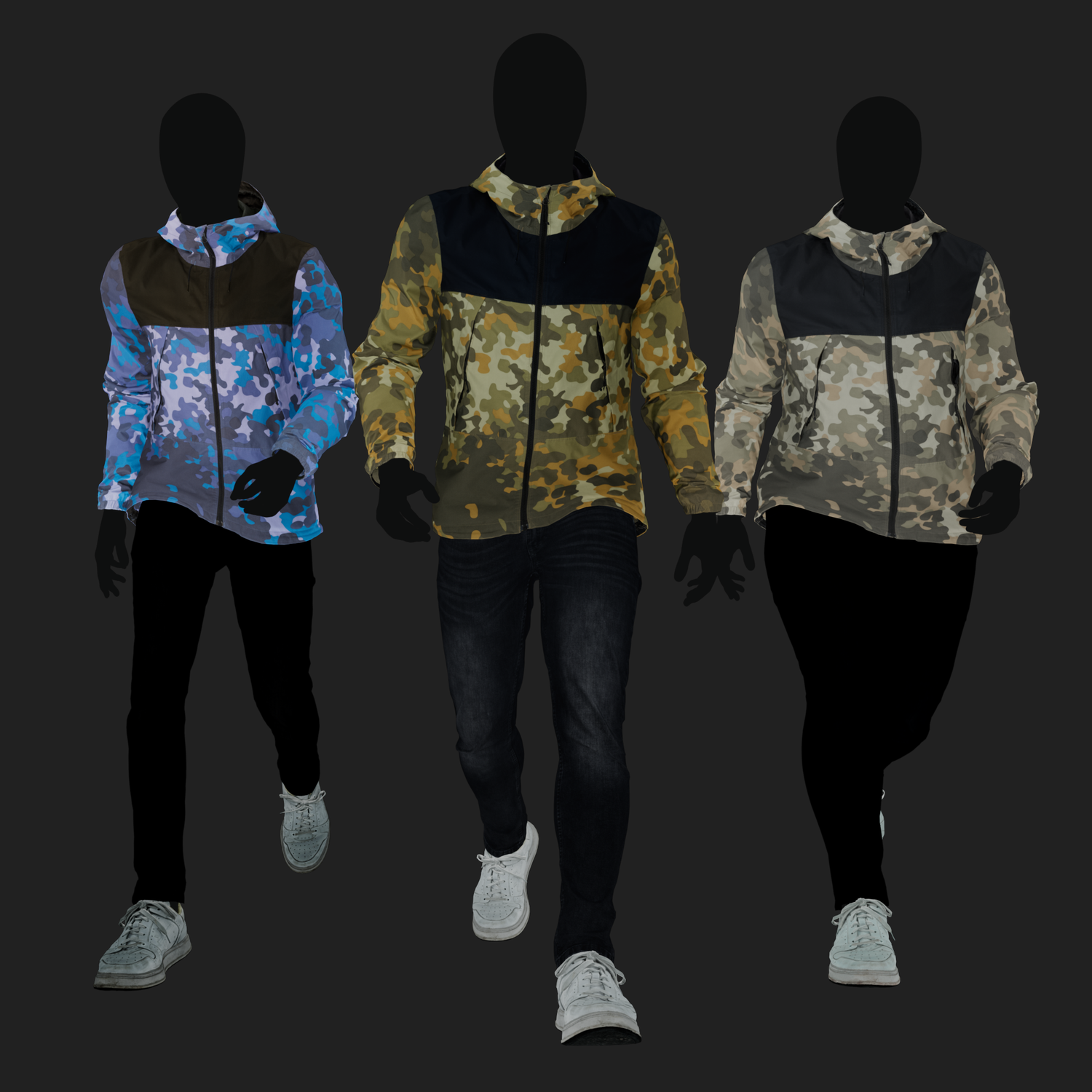 Albedo (Diffuse) map rendering of a 3D model of an animated walking male character dressed in a Camouflage Jacket and Jeans - front view