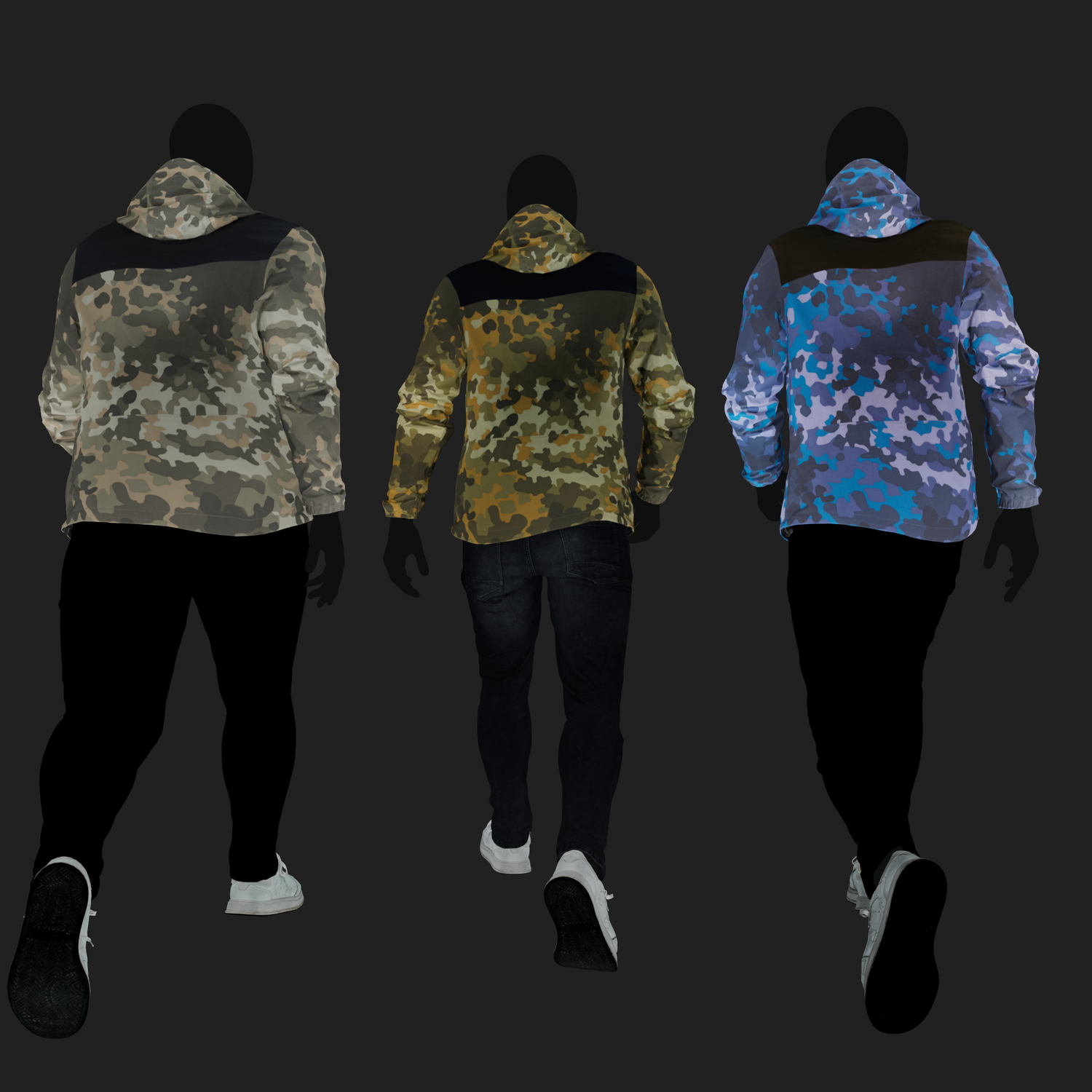 Albedo (Diffuse) map rendering of a 3D model of an animated walking male character dressed in a Camouflage Jacket and Jeans - back view