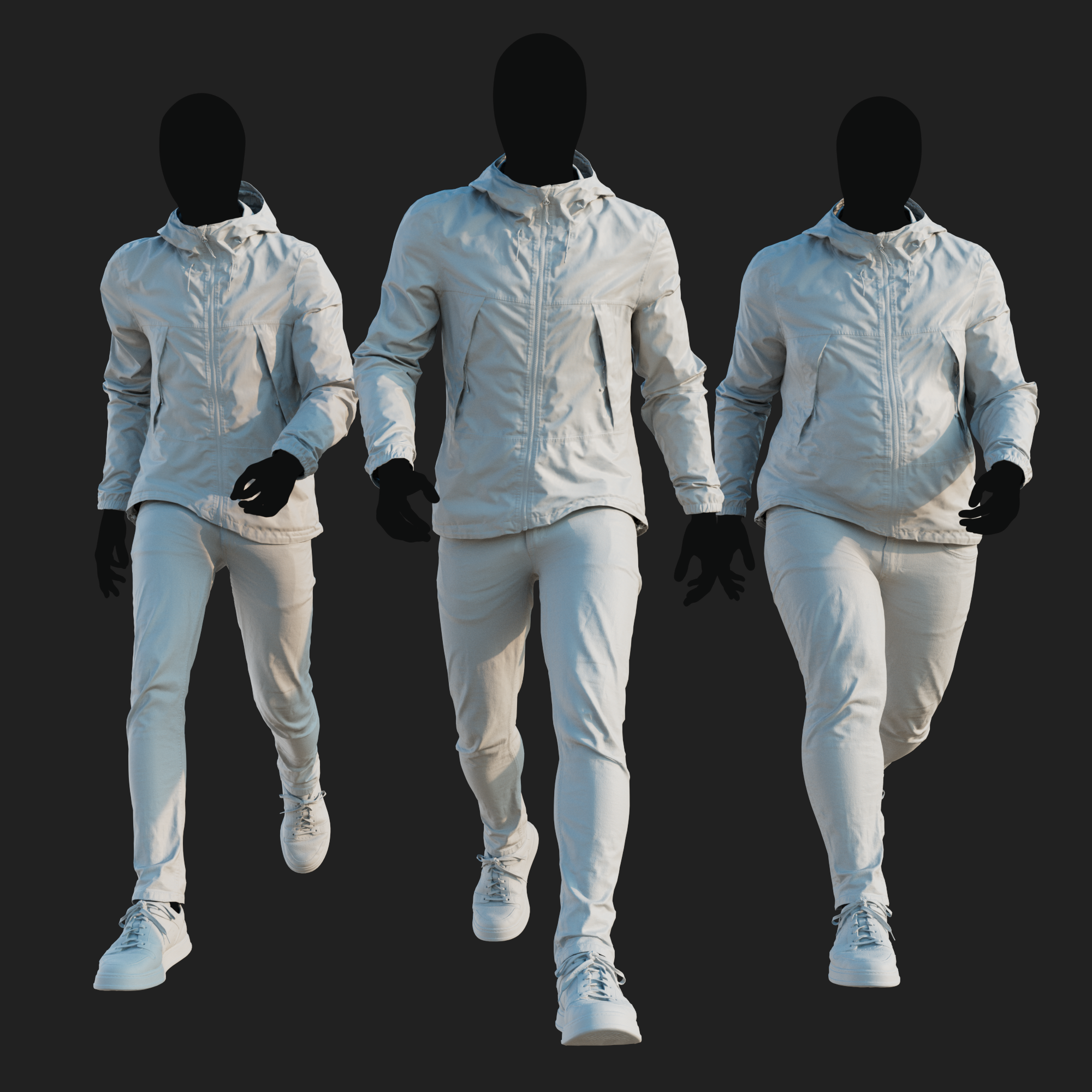 Ambient Occlusion map rendering of a 3D model of an animated walking male character dressed in a Camouflage Jacket and Jeans - front view