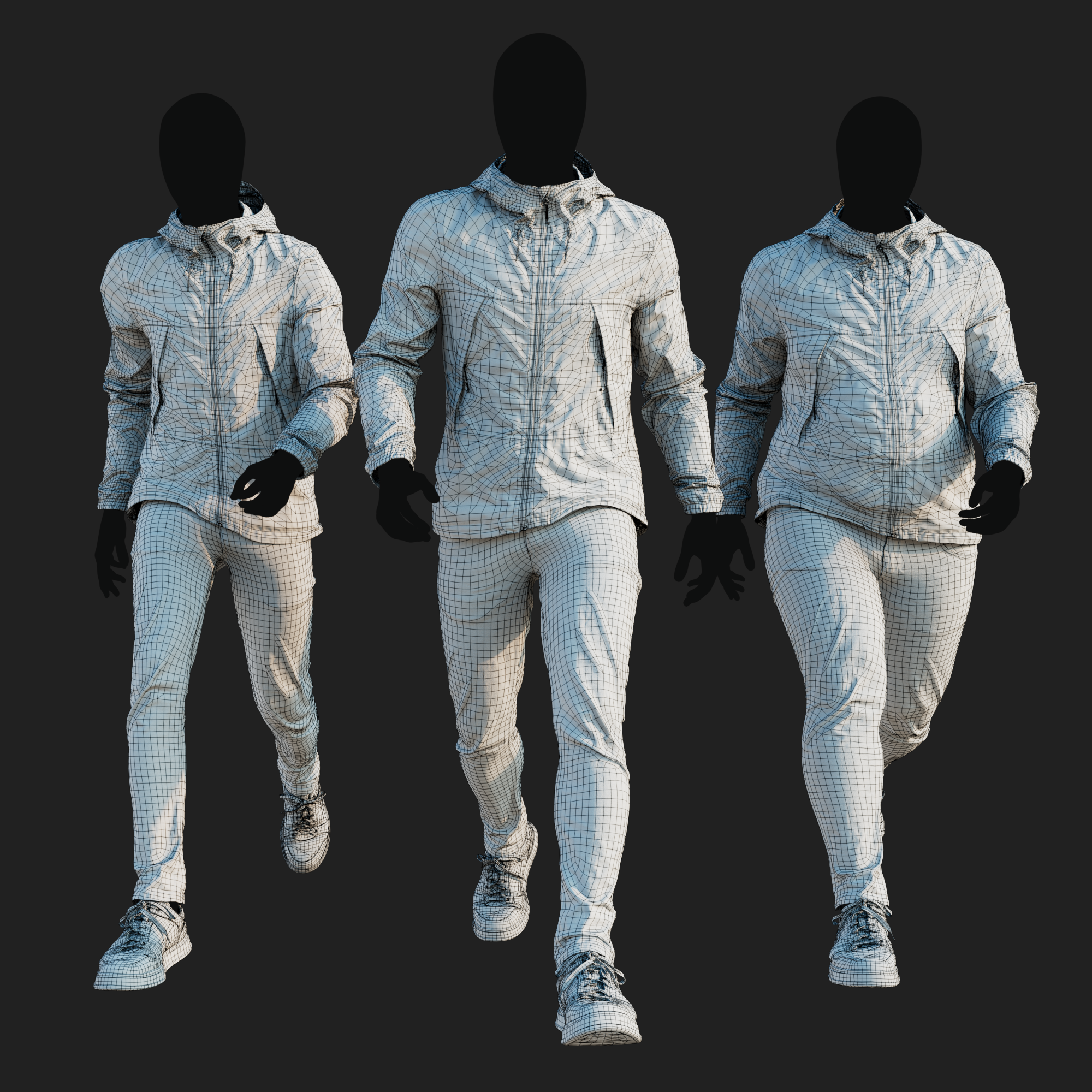 Wireframe rendering of a 3D model of an animated walking male character dressed in a Camouflage Jacket and Jeans - front view