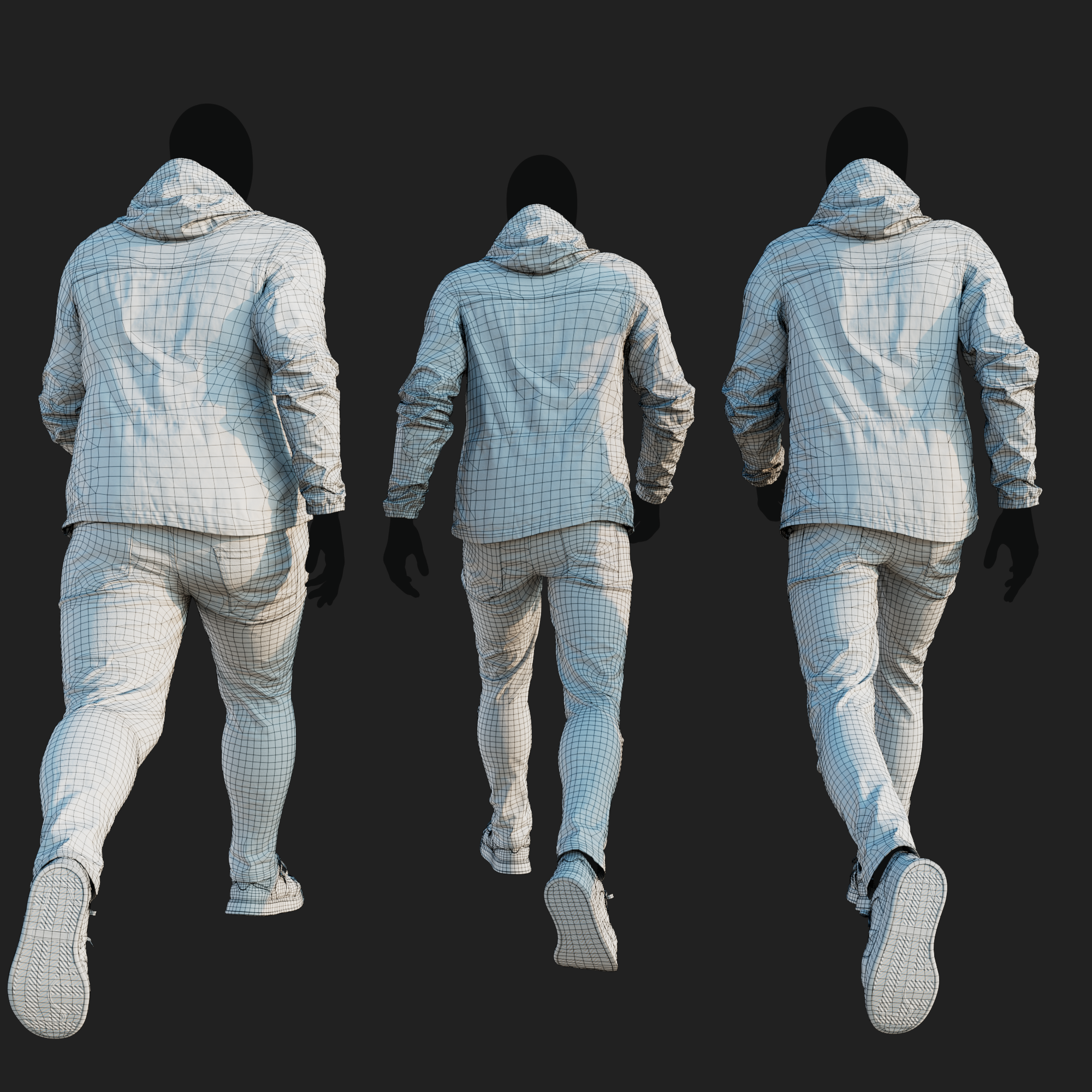 Wireframe rendering of a 3D model of an animated walking male character dressed in a Camouflage Jacket and Jeans - back view