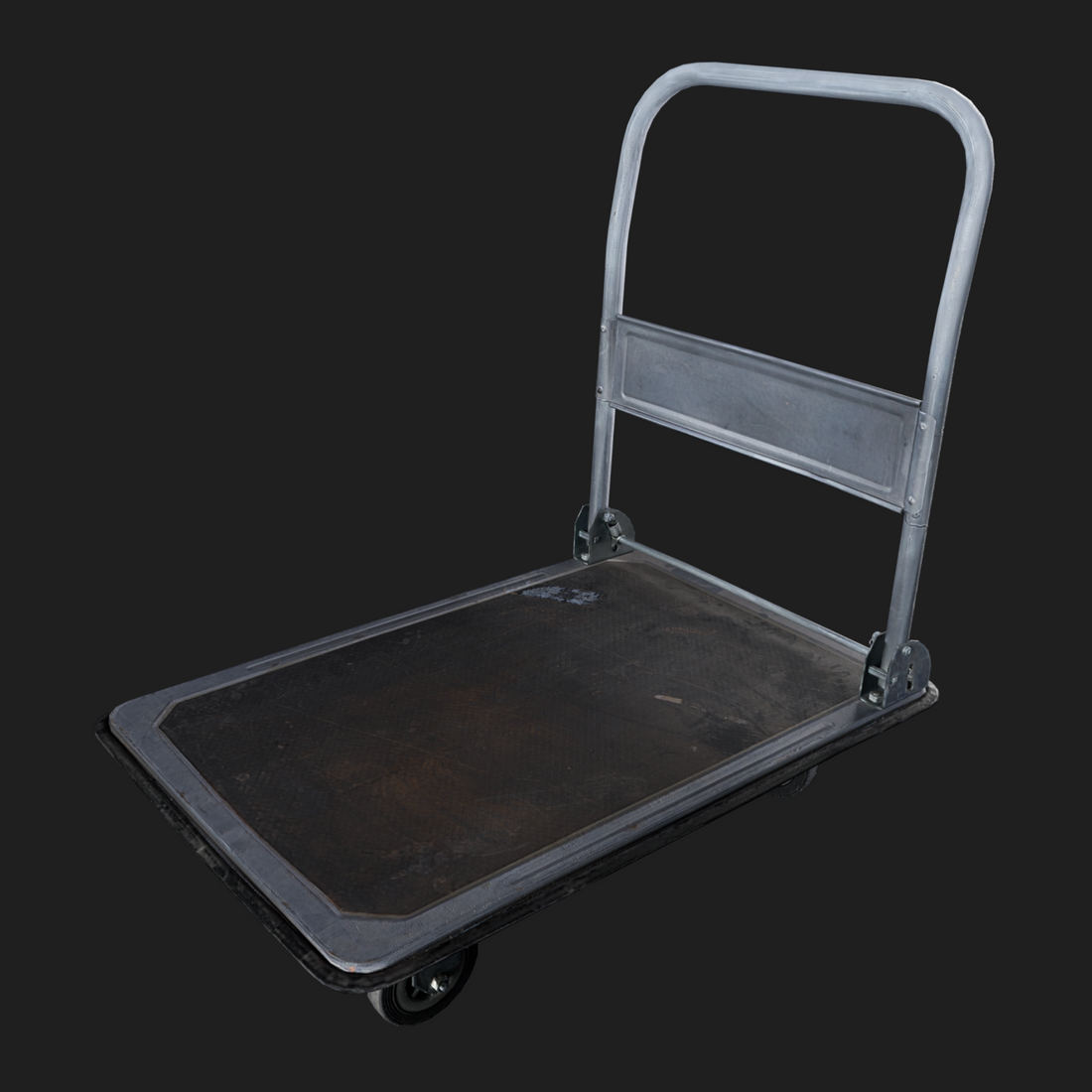 3D model of an industrial empty trolley with a metal frame and a flat platform, designed for use in various app