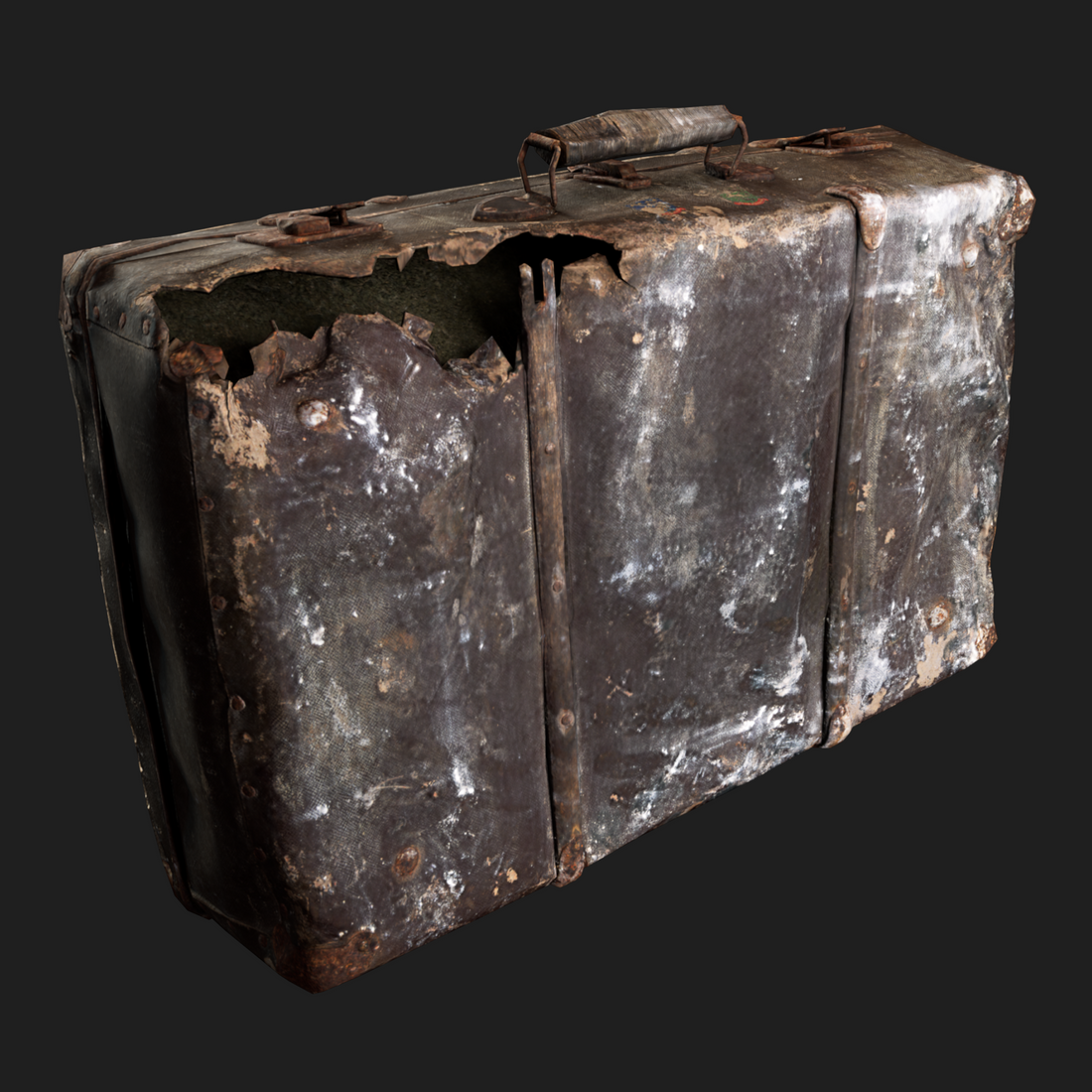 A 3D image of a damaged, old-fashioned suitcase, from the World War II era, with a focus on realism and detail.