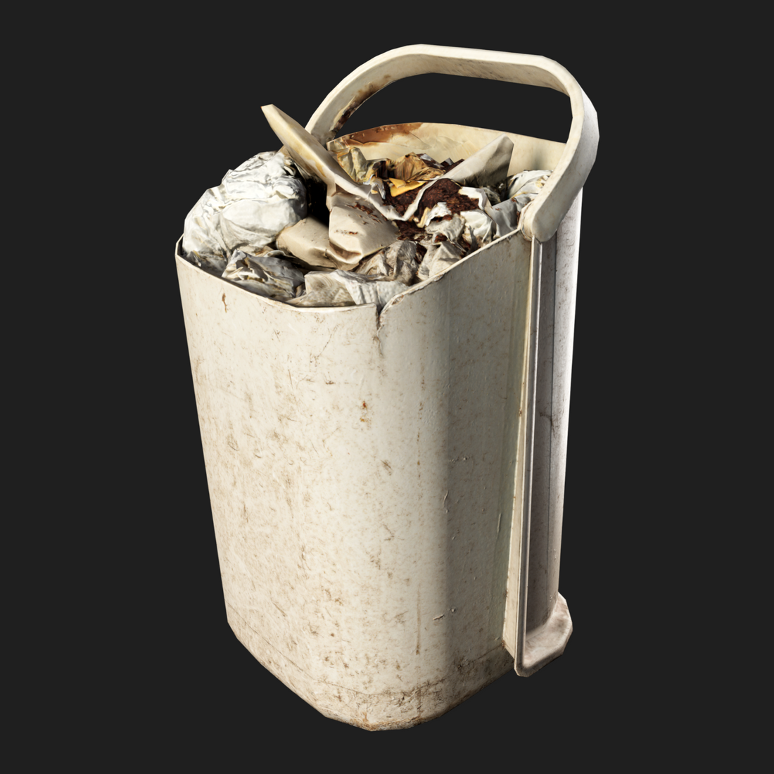 3D model of a white plastic rubbish basket overflowing with trash