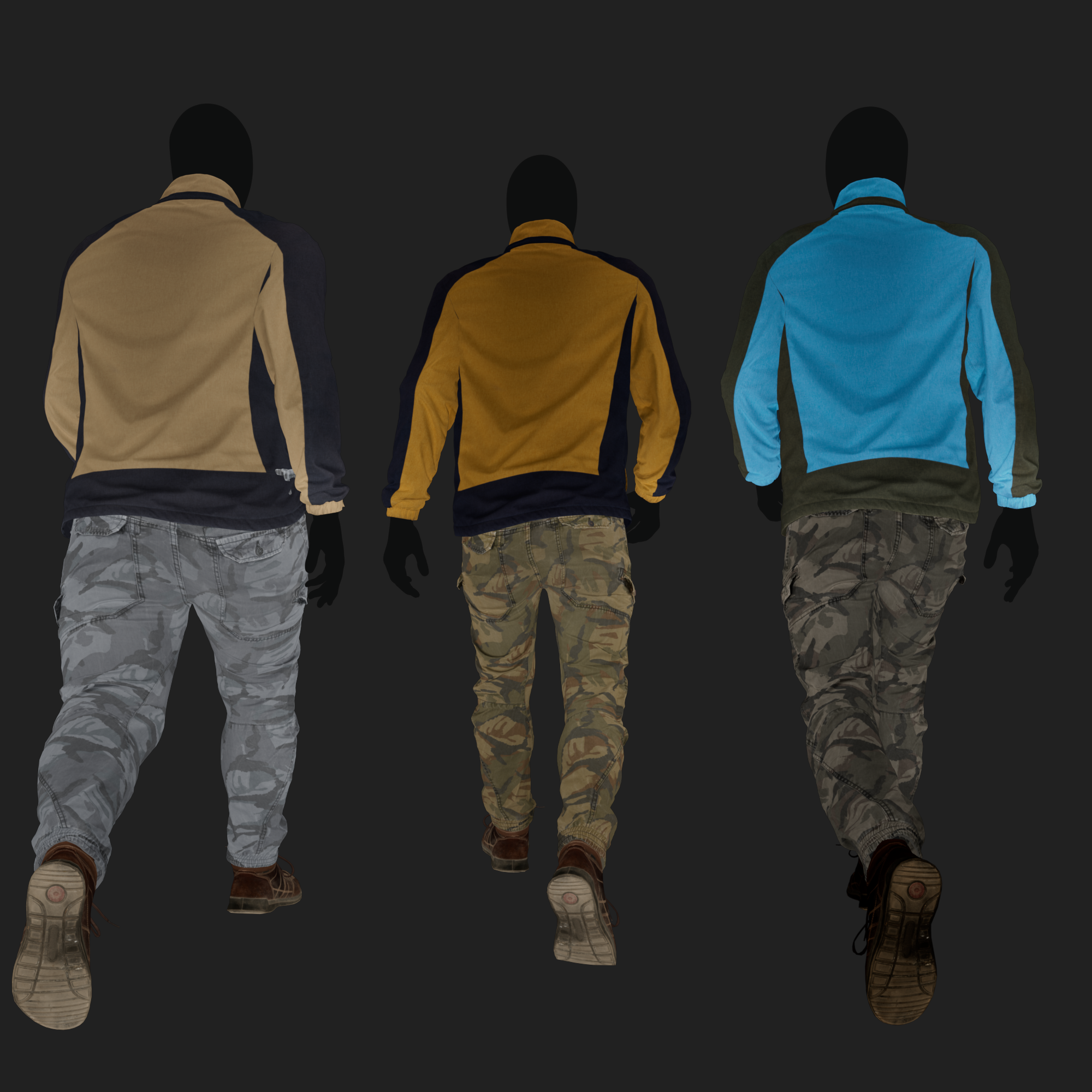 Albedo (Diffuse) map rendering of a 3D model of an animated walking male character dressed in: Sport Jacket, Combat Trousers, Shoes - back view