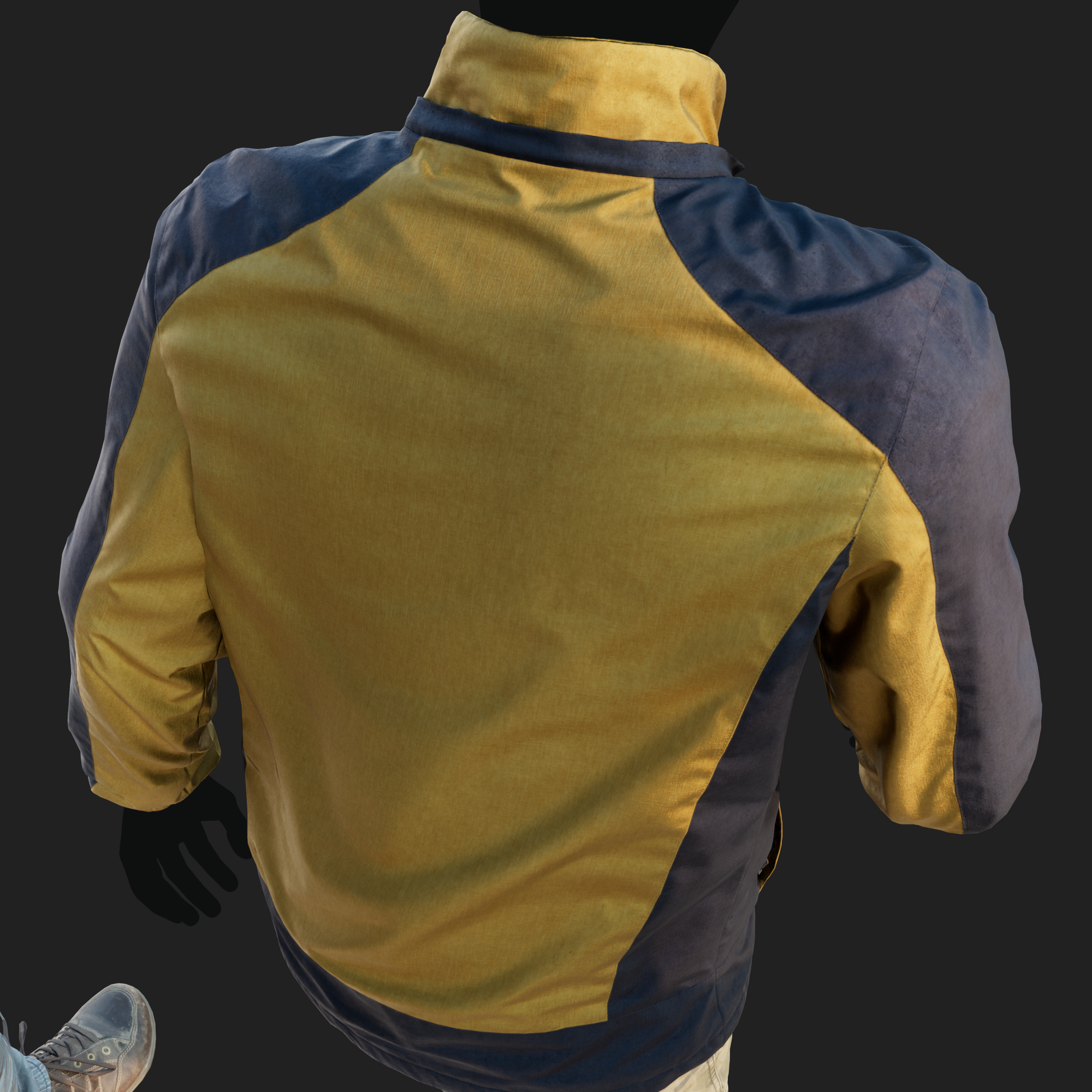 Realistic rendering of a 3D model of an animated walking male character dressed in: Sport Jacket - back detail view