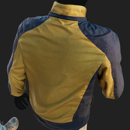 Realistic rendering of a 3D model of an animated walking male character dressed in: Sport Jacket - back detail view