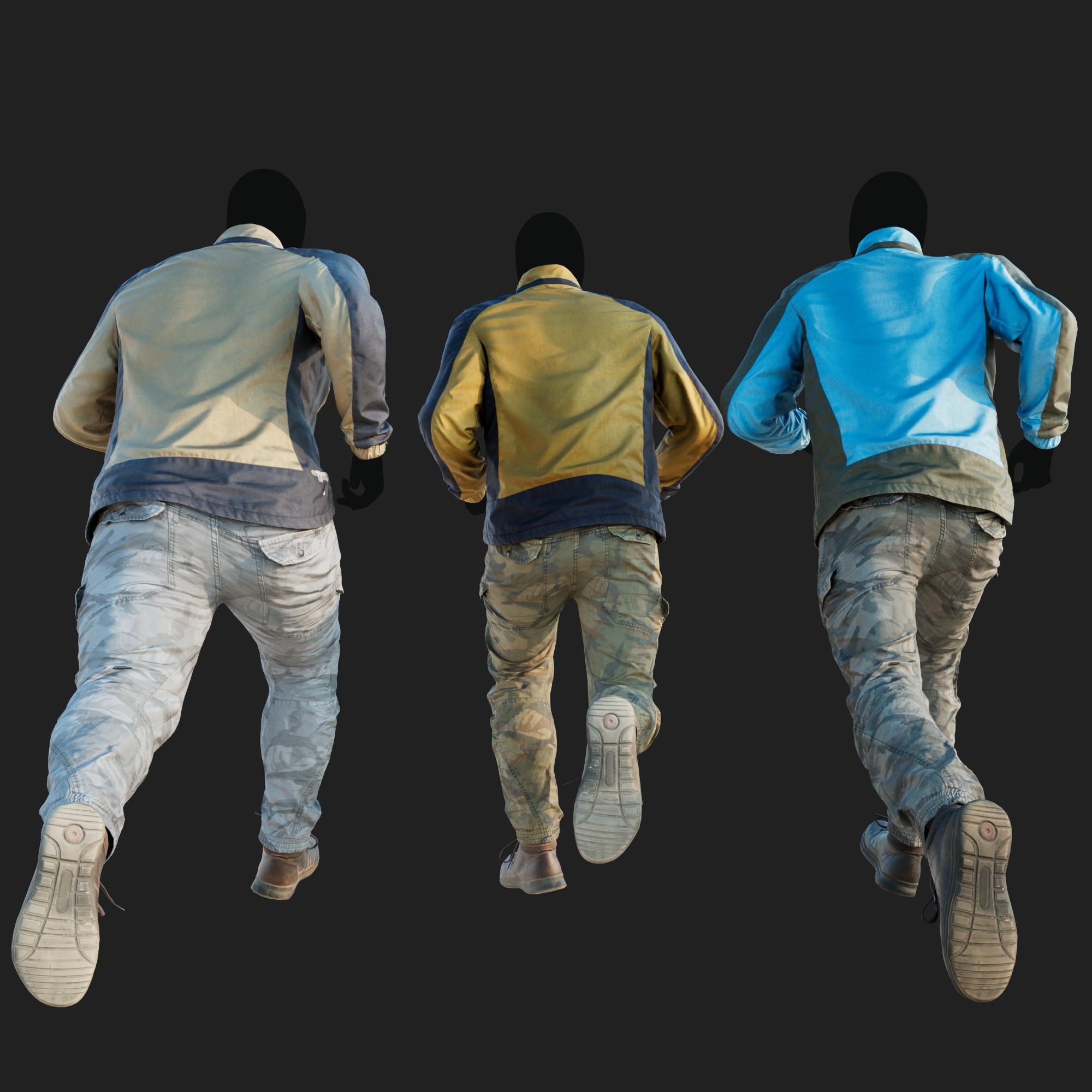 Realistic rendering of a 3D model of an animated runing male character dressed in: Sport Jacket, Combat Trousers, Shoes - back view