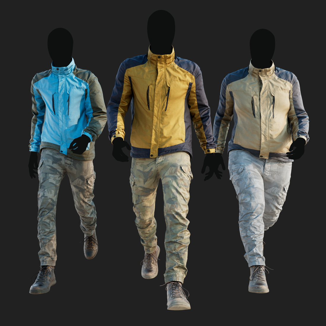 Realistic rendering of a 3D model of an animated walking male character dressed in: Sport Jacket, Combat Trousers, Shoes - front view