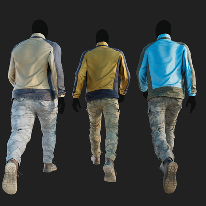 Realistic rendering of a 3D model of an animated walking male character dressed in: Sport Jacket, Combat Trousers, Shoes - back view