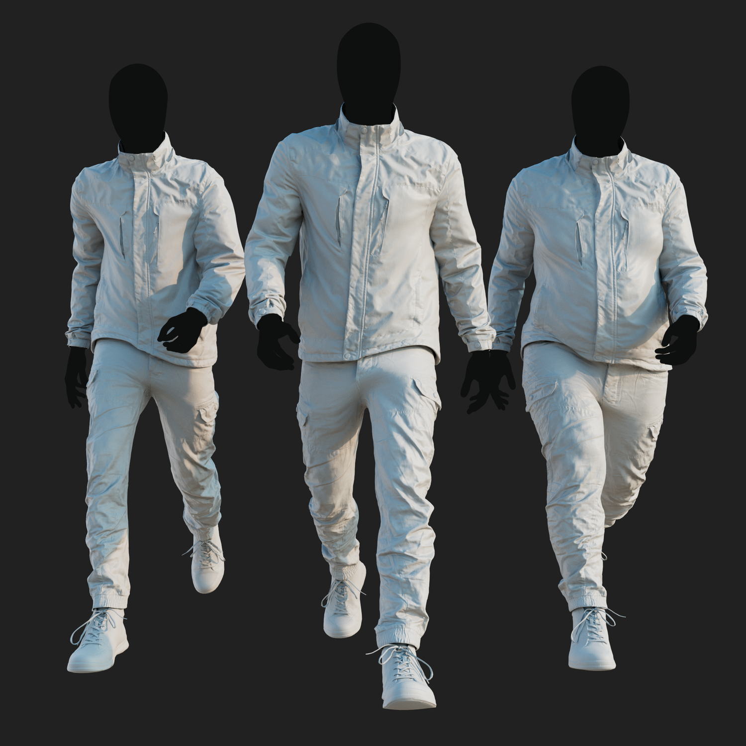 Ambient Occlusion map rendering of a 3D model of an animated walking male character dressed in: Sport Jacket, Combat Trousers, Shoes - front view