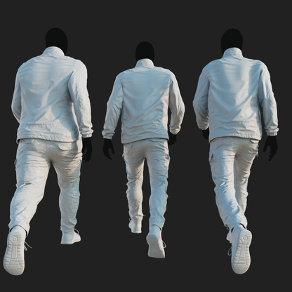 Ambient Occlusion map rendering of a 3D model of an animated walking male character dressed in: Sport Jacket, Combat Trousers, Shoes - back view