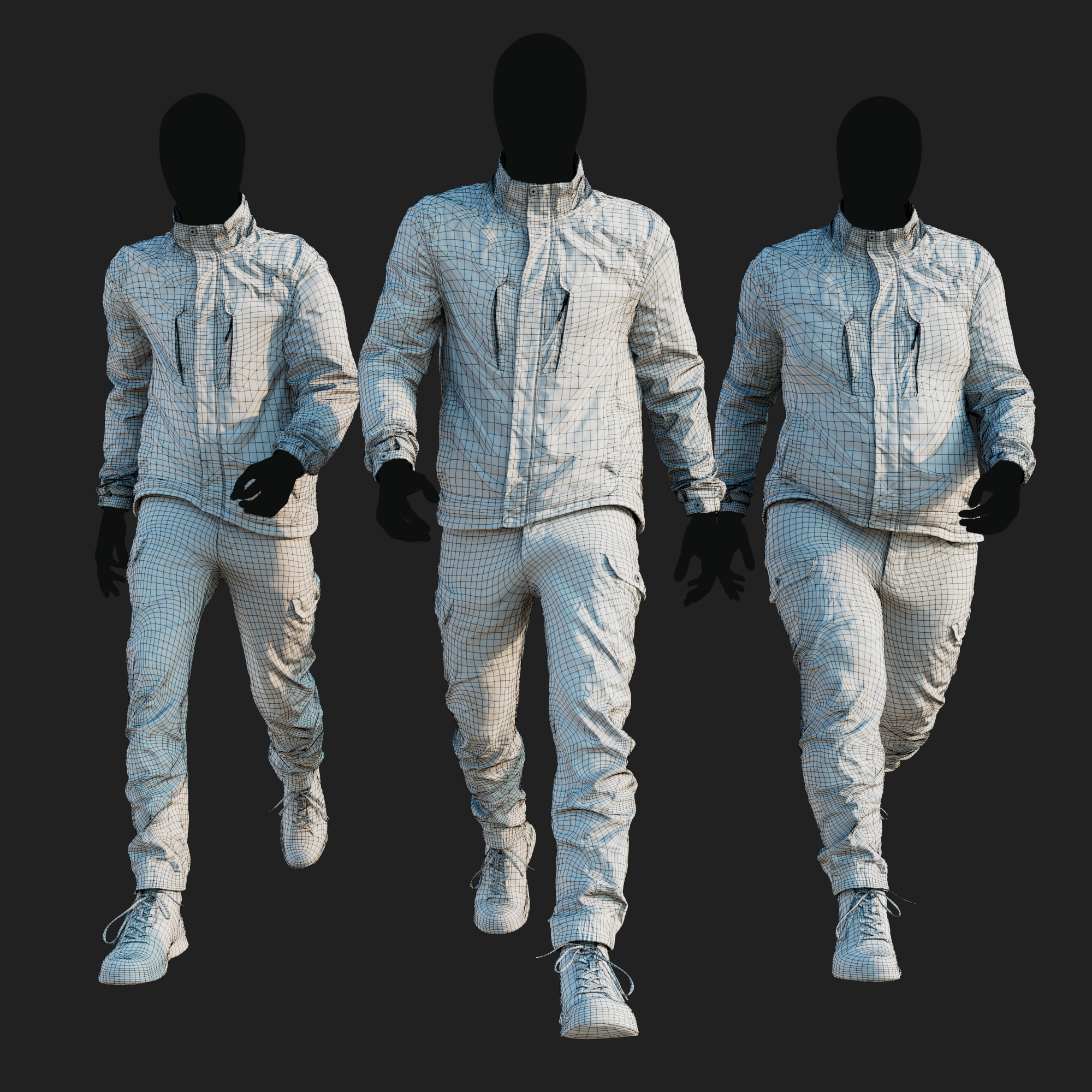 Wireframe rendering of a 3D model of an animated walking male character dressed in: Sport Jacket, Combat Trousers, Shoes - front view