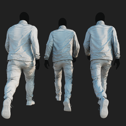Wireframe rendering of a 3D model of an animated walking male character dressed in: Sport Jacket, Combat Trousers, Shoes - back view