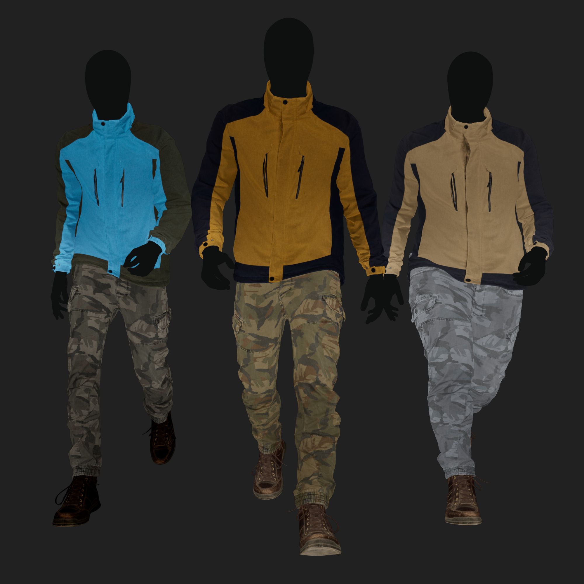 Albedo (Diffuse) map rendering of a 3D model of an animated walking male character dressed in: Sport Jacket, Combat Trousers, Shoes - front view