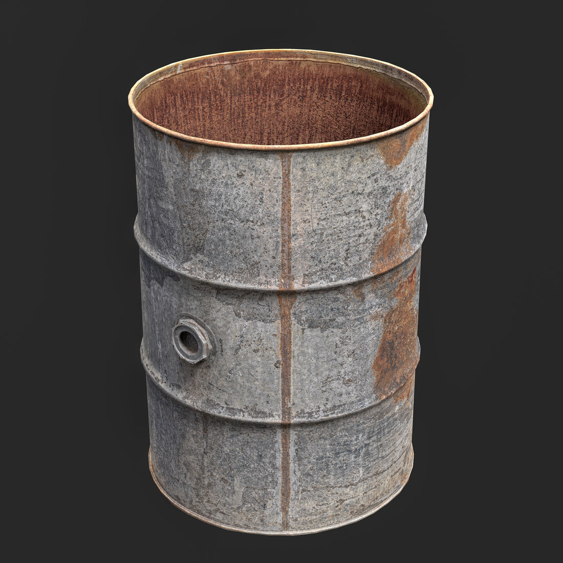 3D Old rusty chemical and oil metal barrel with oxidized steel, corrosion stains, and worn industrial surface - Game Asset