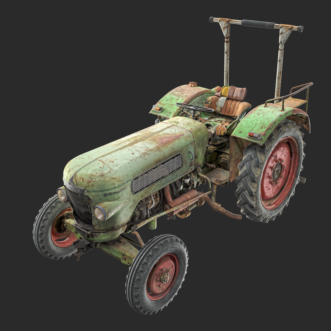 Realistic rendering of a 3D model of  Vehicle - used rusty Vintage Tractor - Left view