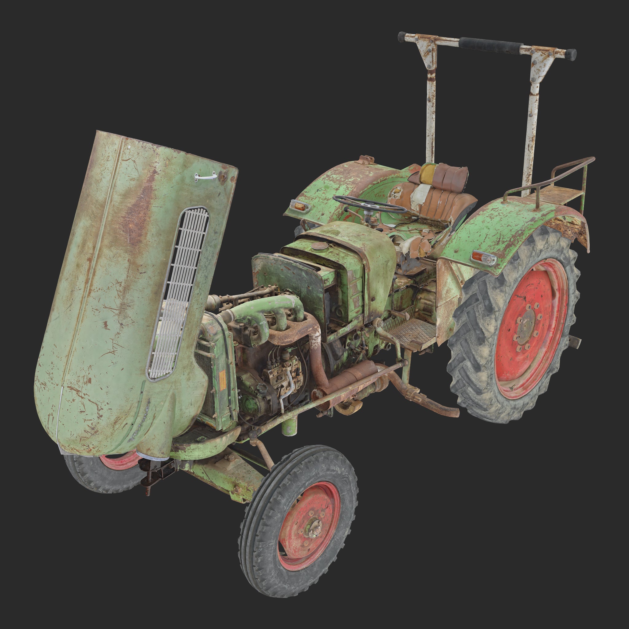 Albedo (Diffuse) map rendering of a 3D model ofopen used rusty Vintage Tractor - side view