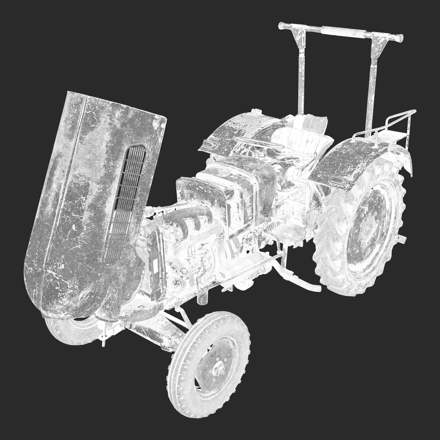 Roughness map rendering of a 3D model ofopen used rusty Vintage Tractor - side view