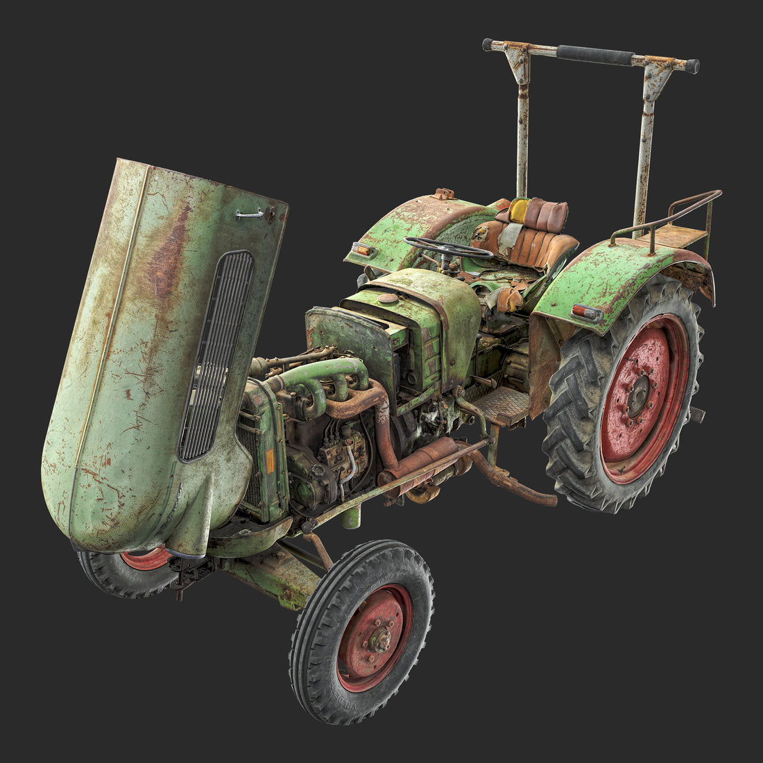 Realistic rendering of a 3D model of Open used rusty open Vintage Tractor - Left view