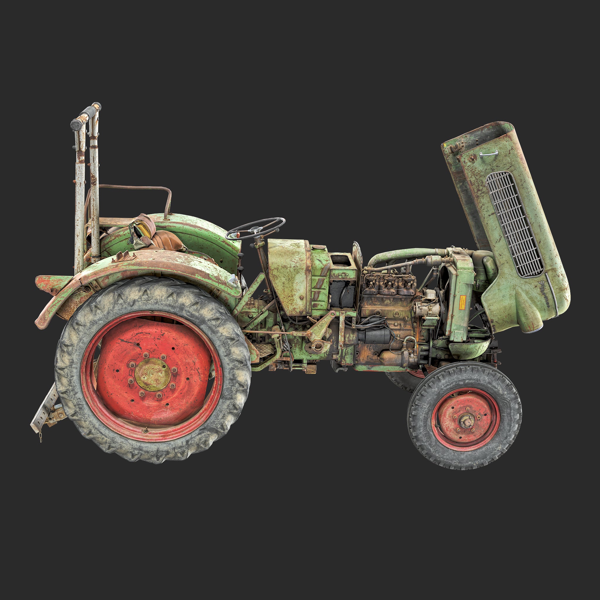 Realistic rendering of a 3D model of Open used rusty Vintage Tractor - side view