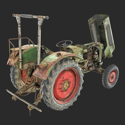 Realistic rendering of a 3D model of Open used rusty Vintage Tractor - back view