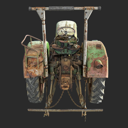 Realistic rendering of a 3D model of  used rusty Vintage Tractor - back view
